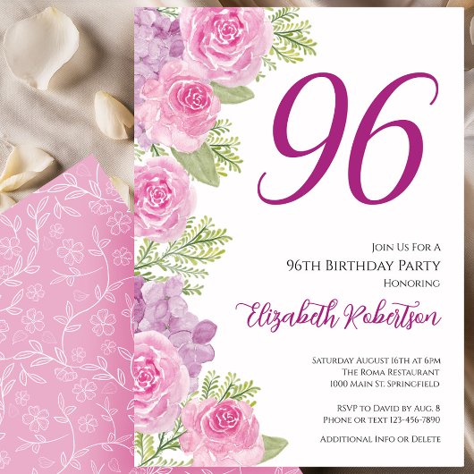 ピンクのバラの花のテンプレート 96歳の誕生日 招待状