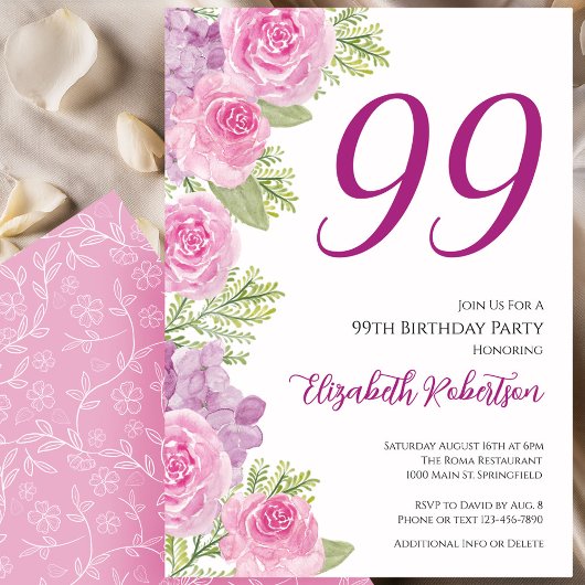 ピンクのバラの花のテンプレート 99歳の誕生日 招待状