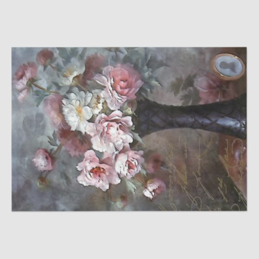 ピンクのバラの花のフランスのスクリプト花瓶の切り離し 薄葉紙 (正面)