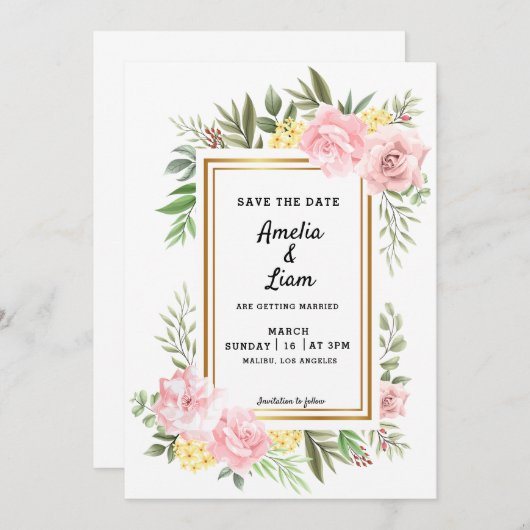 ピンクのバラの花のフローラテーマの結婚式のSave The Date 招待状 (正面/裏面)