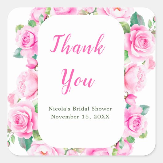 ピンクのバラの花のブライダルシャワー スクエアシール (正面)
