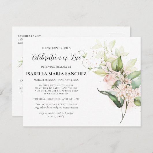 ピンクのバラの花のライフセレブレーション招待状 ポストカード (正面/裏面)