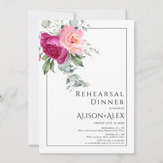 ピンクのバラの花のリハーサルディナーと枝 招待状 (正面)