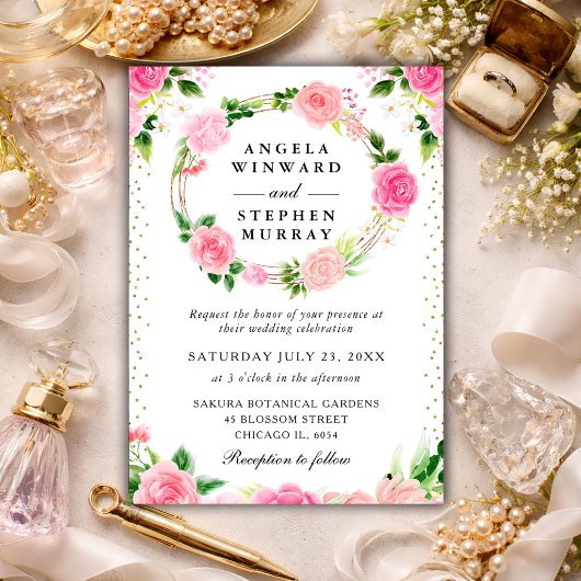 ピンクのバラの花のリース ウェディング 招待状