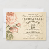 ピンクのバラの花のヴィンテージのシックなリハーサルの夕食 招待状 (正面)
