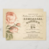 ピンクのバラの花のヴィンテージのシックなリハーサルの夕食 招待状 (正面/裏面)