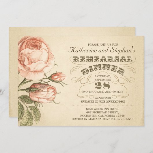 ピンクのバラの花のヴィンテージのシックなリハーサルの夕食 招待状 (正面/裏面)