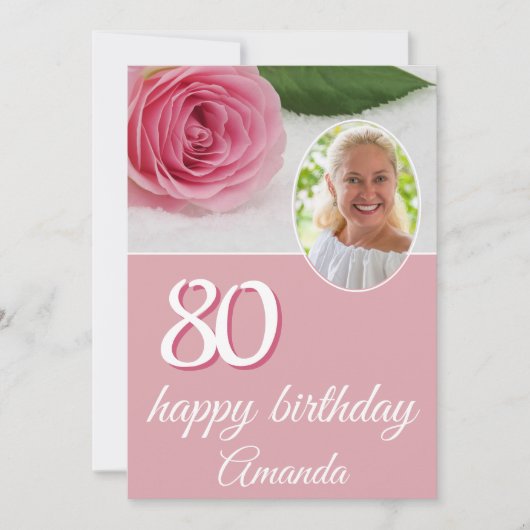 ピンクのバラの花の写真 フラワーデザイン 80歳の誕生日カード (正面)