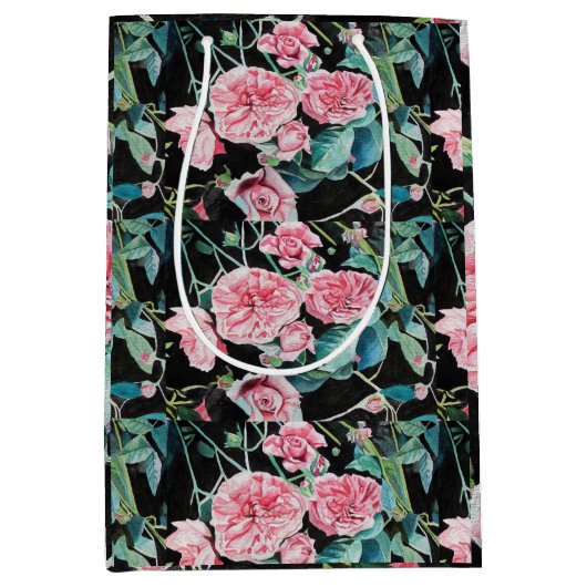 ピンクのバラの花の水の色絵を描のアートバラ ミディアムペーパーバッグ (正面)