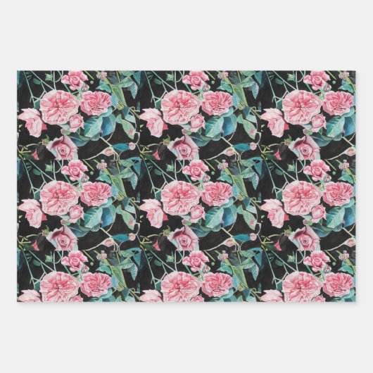 ピンクのバラの花の水の色絵を描のアートバラ ラッピングペーパーシート (正面3)