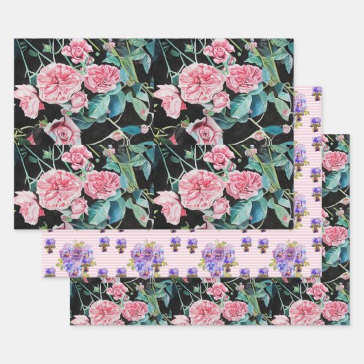 ピンクのバラの花の水の色絵を描のアートバラ ラッピングペーパーシート (セット)