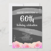 ピンクのバラの花の水彩ストライプ 60歳の誕生日 招待状 (正面)