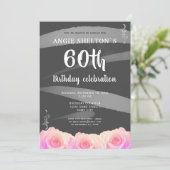 ピンクのバラの花の水彩ストライプ 60歳の誕生日 招待状 (スタンド正面)