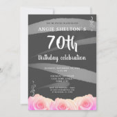 ピンクのバラの花の水彩ストライプ 70歳の誕生日 招待状 (正面)