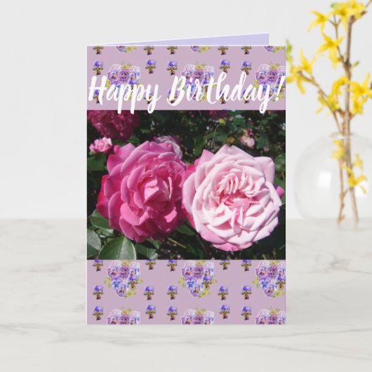 ピンクのバラの花の花束 お誕生日おめでとう アートカード カード (黄色い花)