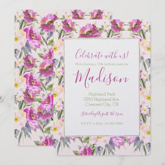 ピンクのバラの花の誕生日 招待状 (正面/裏面)