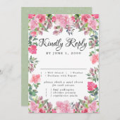 ピンクのバラの花の返信カード（食事の選択肢付き） 招待状 (正面/裏面)