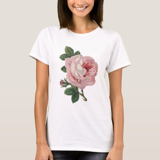 ピンクのバラの花の開花のヴィンテージの芸術 Tシャツ (正面)