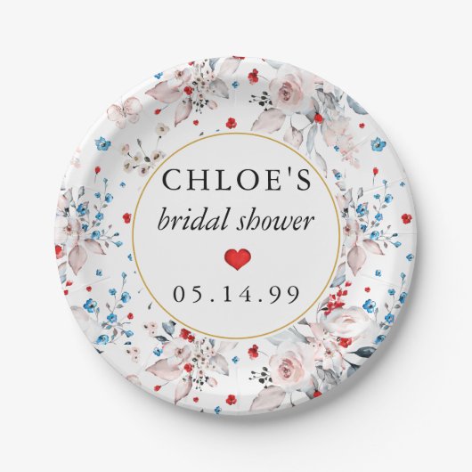 ピンクのバラの花の青い花のウェディングシャワープレート ペーパープレート (正面)