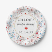 ピンクのバラの花の青い花のウェディングシャワー ペーパープレート (正面)