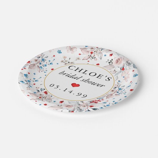 ピンクのバラの花の青い花のウェディングシャワー ペーパープレート (アングル)