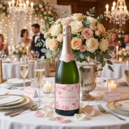 ピンクのバラの花びら ロマンティックな結婚式 シャンパンボトル スパークリングワインラベル