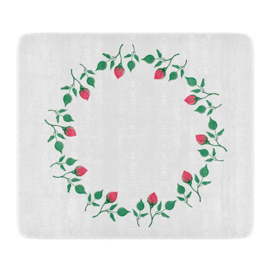 ピンクのバラの花を持つフローラの丸い枠 カッティングボード (正面)