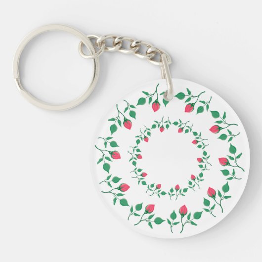 ピンクのバラの花を持つフローラの丸い枠 キーホルダー (正面)