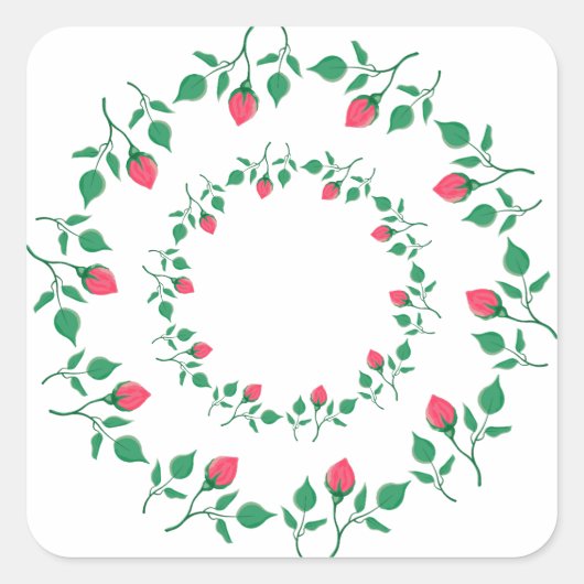 ピンクのバラの花を持つフローラの丸い枠 スクエアシール (正面)
