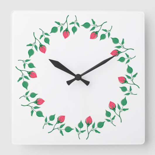 ピンクのバラの花を持つフローラの丸い枠 スクエア壁時計 (正面)