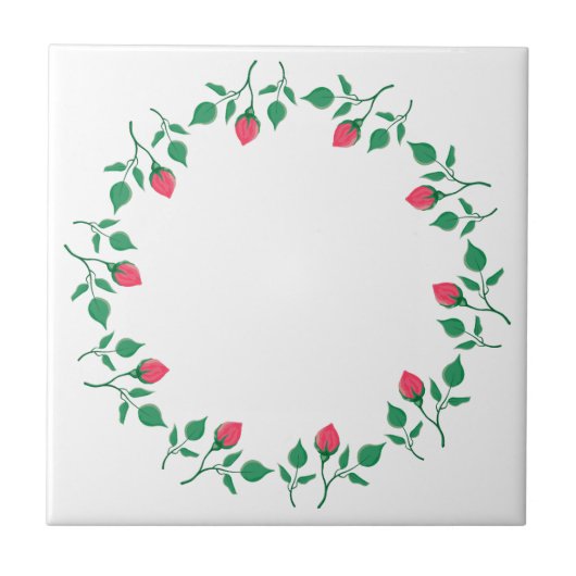 ピンクのバラの花を持つフローラの丸い枠 タイル (正面)