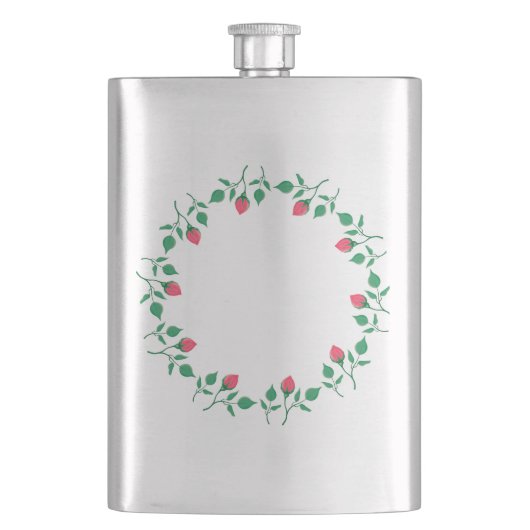 ピンクのバラの花を持つフローラの丸い枠 フラスク (正面)