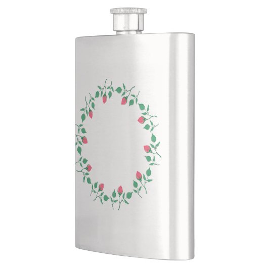 ピンクのバラの花を持つフローラの丸い枠 フラスク (左)