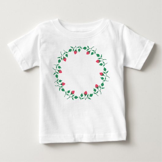 ピンクのバラの花を持つフローラの丸い枠 ベビーTシャツ (正面)