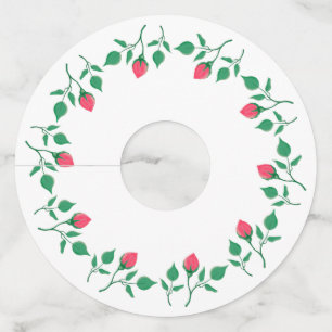 ピンクのバラの花を持つフローラの丸い枠 ワイングラスタグ