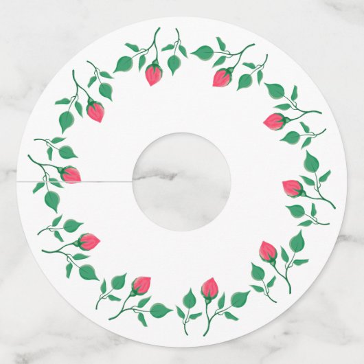 ピンクのバラの花を持つフローラの丸い枠 ワイングラスタグ (正面)