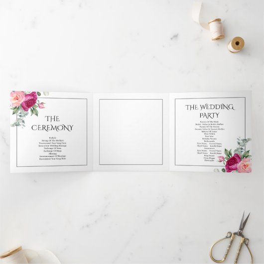 ピンクのバラの花を持つ枝結婚のフローラ 三つ折りプログラム (内部)