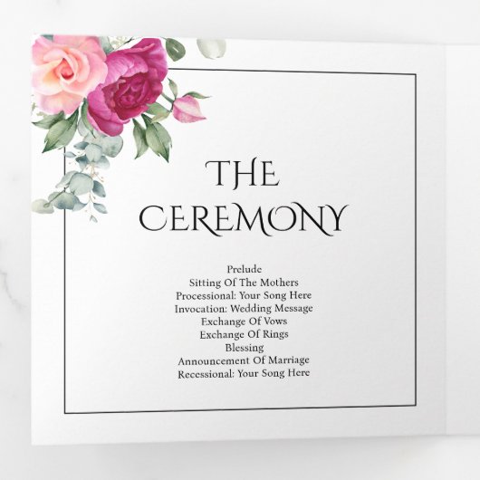 ピンクのバラの花を持つ枝結婚のフローラ 三つ折りプログラム (内部最初)