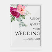 ピンクのバラの花を持つ枝WELCOME 結婚's アクリルサイン (正面)