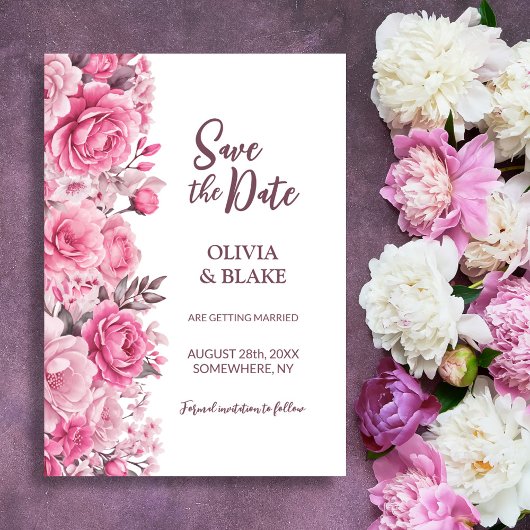 ピンクのバラの花を飾ったモダンな結婚式のウェディング セーブザデート