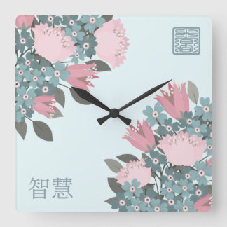 ピンクのバラの花アジアのデジタルアート スクエア壁時計