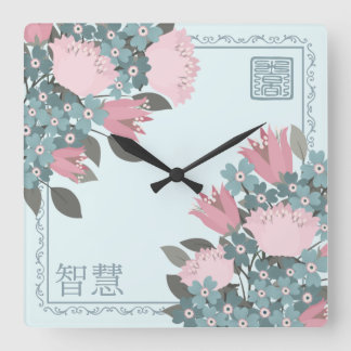 ピンクのバラの花アジアのデジタルアート スクエア壁時計