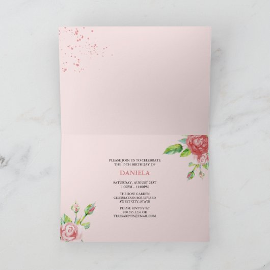 ピンクのバラの花ウォーターカラーフローラキンセアニェラ 招待状 (内部)