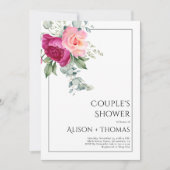 ピンクのバラの花カップルのシャワーを持つ枝 招待状 (正面)