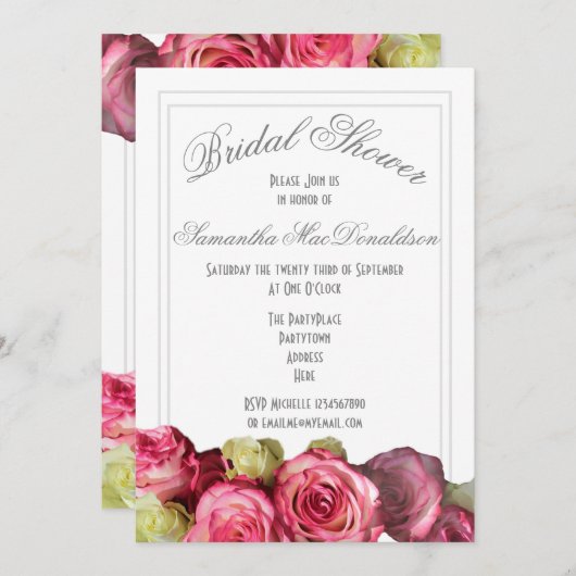 ピンクのバラの花サマーブライダルシャワー 招待状 (正面/裏面)