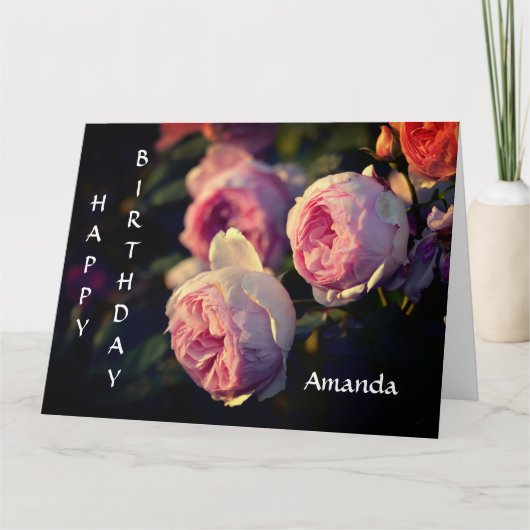 ピンクのバラの花ザガーデン誕生日 カード (正面)