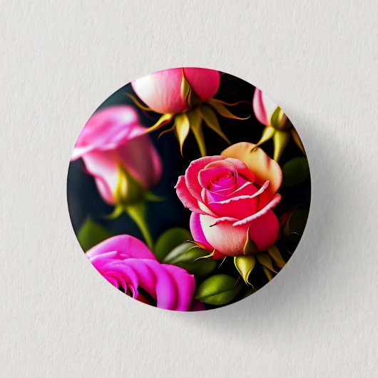 ピンクのバラの花デジタルアートワーク 缶バッジ (正面)