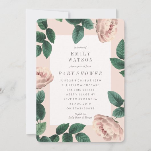 ピンクのバラの花フレーム ベビーシャワー招待状 招待状 (正面)