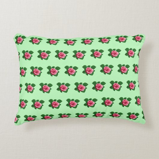 ピンクのバラの花ライトグリーンのシームレスなパターン アクセントクッション (正面)