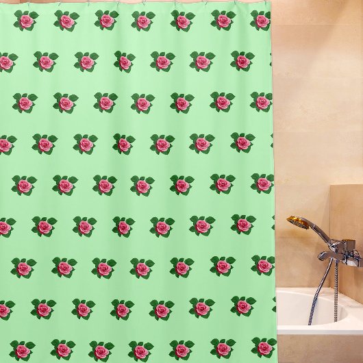ピンクのバラの花ライトグリーンのシームレスなパターン シャワーカーテン